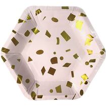 צלחות נייר 20- משושה ורוד עם שבבי זהב- 6 יח | חנות מקוונת ALONIT