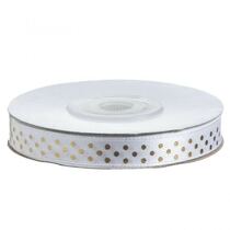 גליל סרט סאטן מנוקד 1 ס"מ 25Y - לבן / נקודות זהב מיטלי, фото 