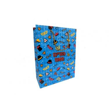 שקית נייר 30/23/10 ס"מ - פורים שמח - סמלים תכלת | חנות מקוונת ALONIT